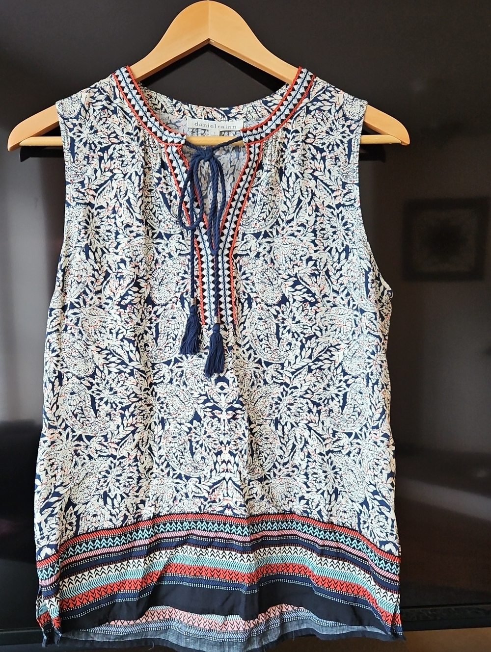 Daniel Rainn Navy and Cream Paisley Tie-Front Sleeveless Top with Rust Trim
